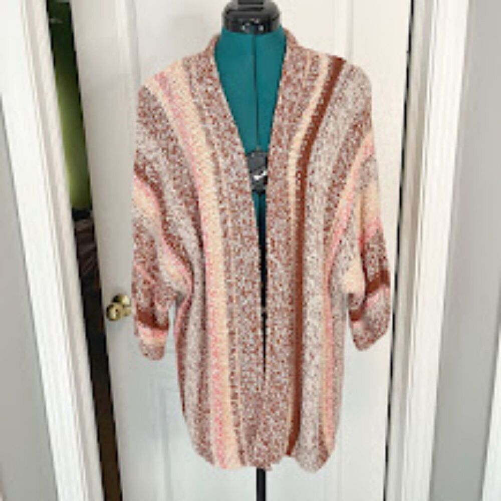 J. Jill Chunky Knit Stripe Open Front Cotton 3/4 Sleeve Cozy Cardigan Sweater